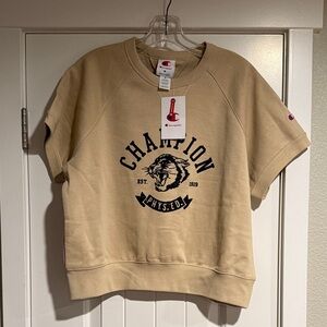 Champion Tan Short Sleeve Sweatshirt Top with Black Logo